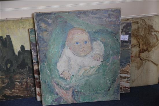 Thomas Brown Yates (1882-1968) Study of the artists daughter, Portrait of a lady and two landscapes, largest 20 x 24in., unframed